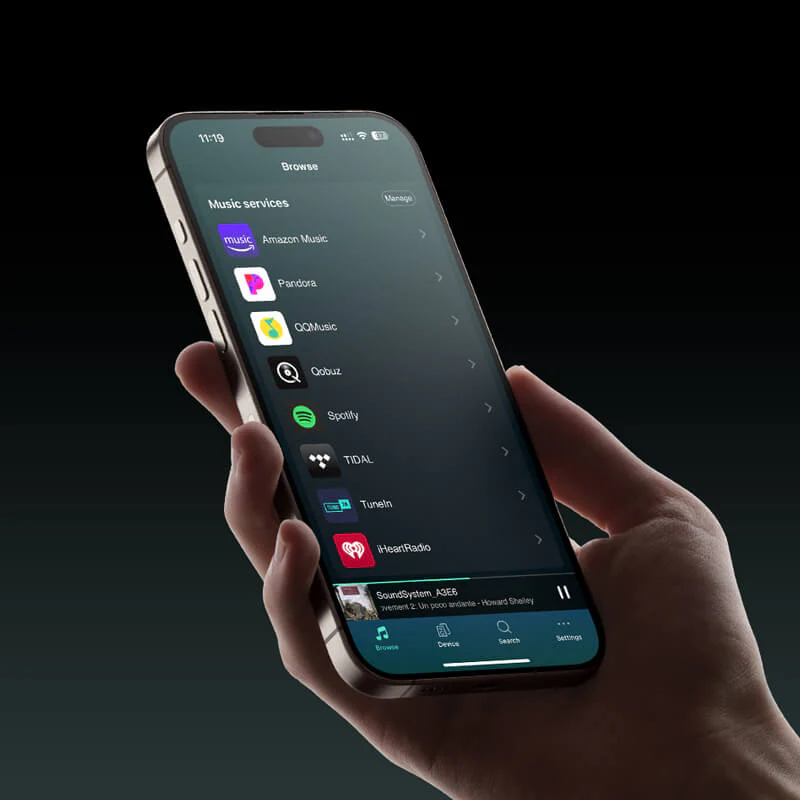 Vista del amplificador Arylic A100 mostrando su capacidad streaming