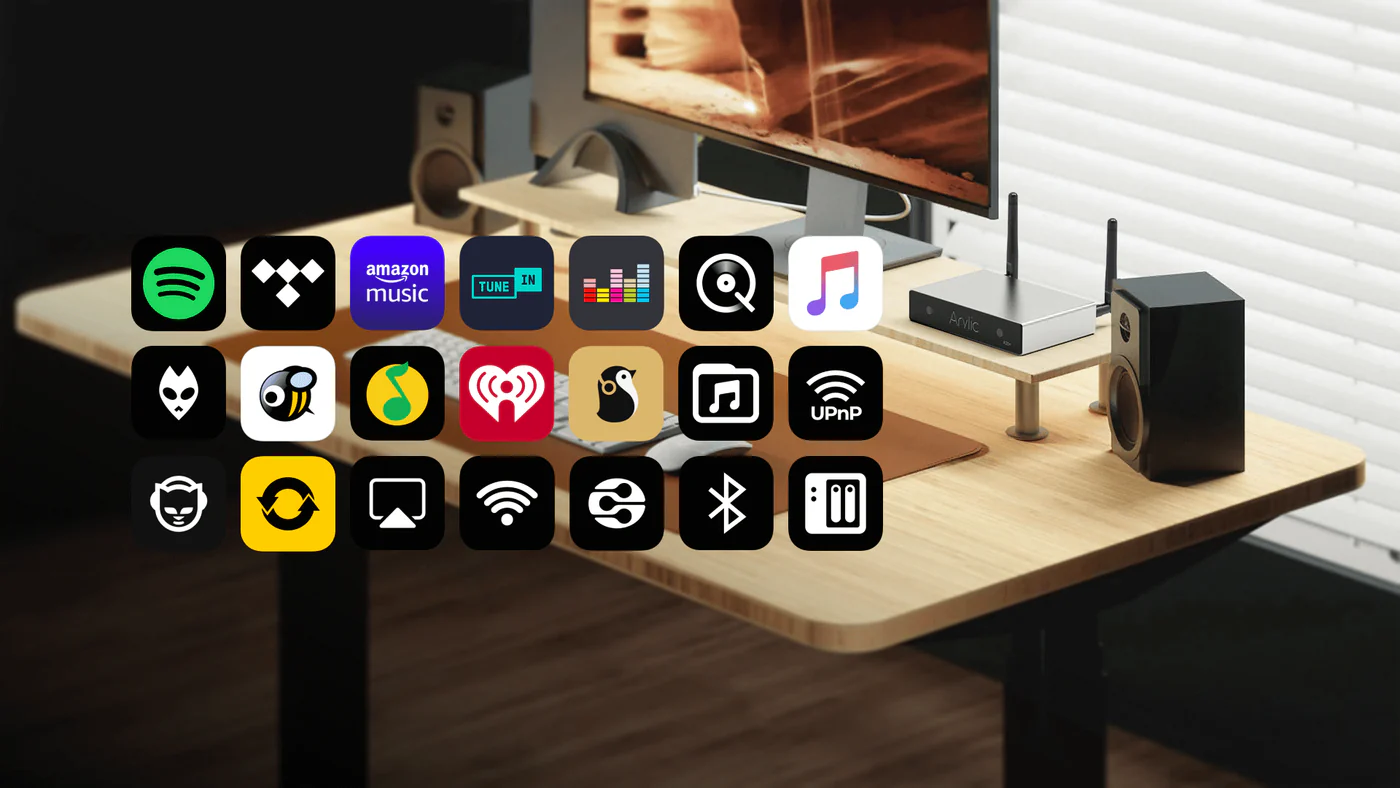 Iconos de múltiples servicios de streaming y fuentes de audio