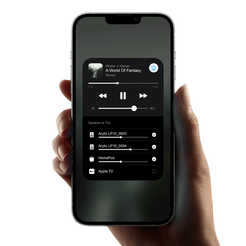 Detalle del Arylic LP10 y logo de AirPlay 2