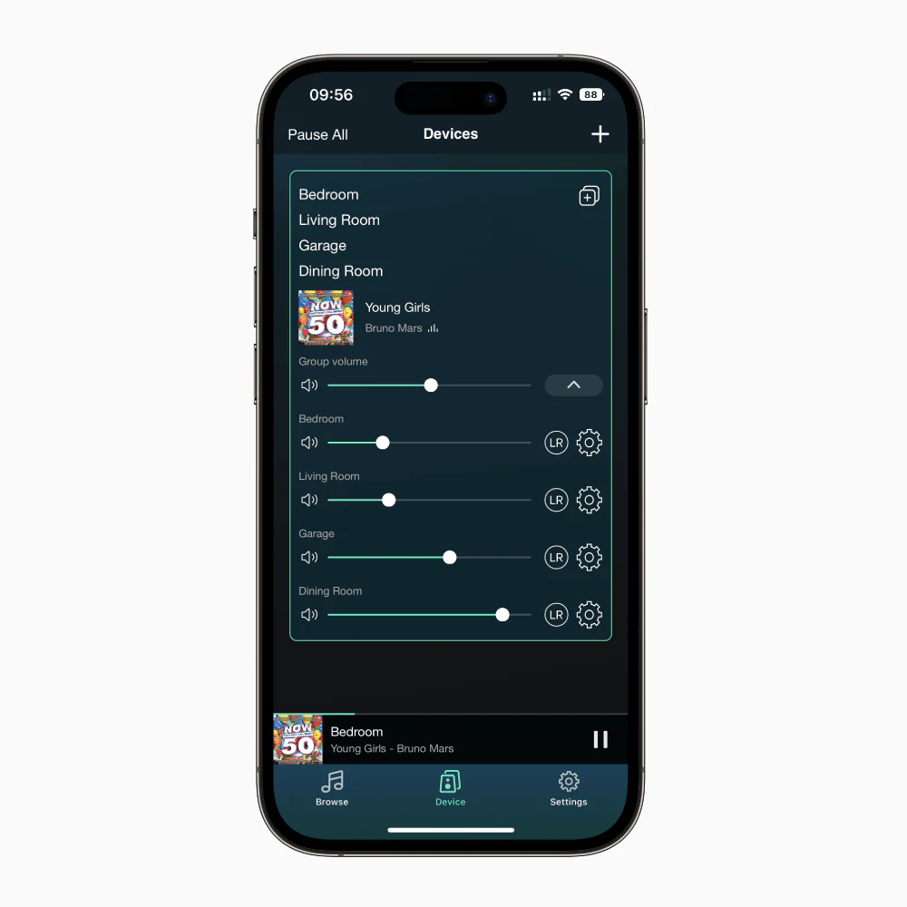 Aplicación Arylic S10+ mostrando agrupación multizona