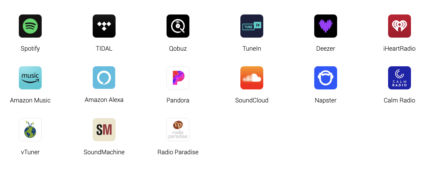 Pantalla de la aplicación WiiM Home mostrando plataformas de streaming