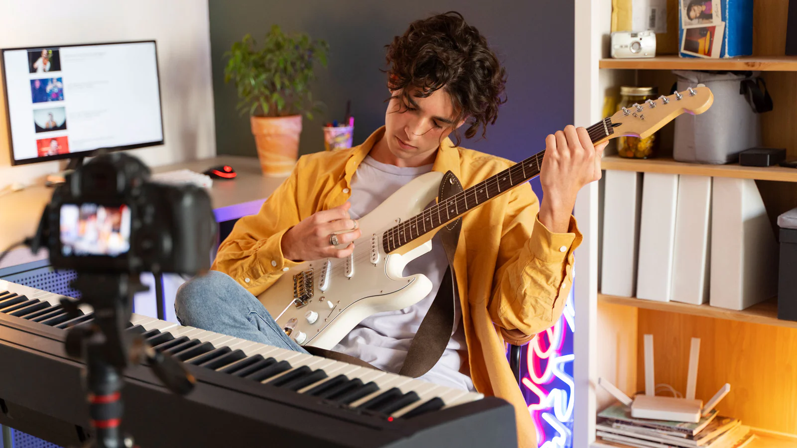 Hombre joven tocando la guitarra junto a un teclado en un estudio casero.