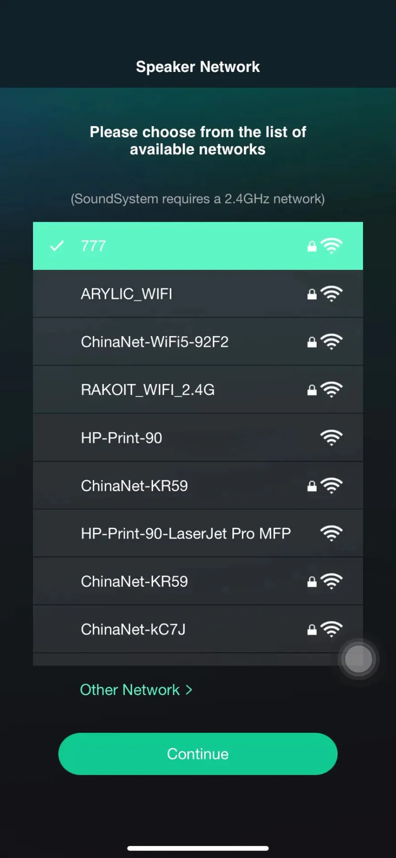 Pantalla de la aplicación 4Stream para selección de red WiFi.