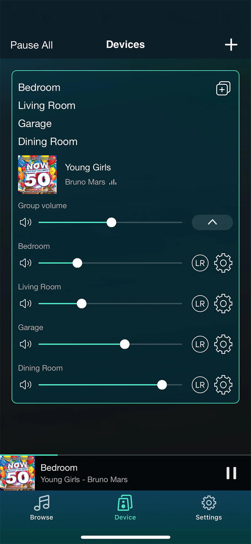 Pantalla de la aplicación 4Stream para control de volumen multiroom.