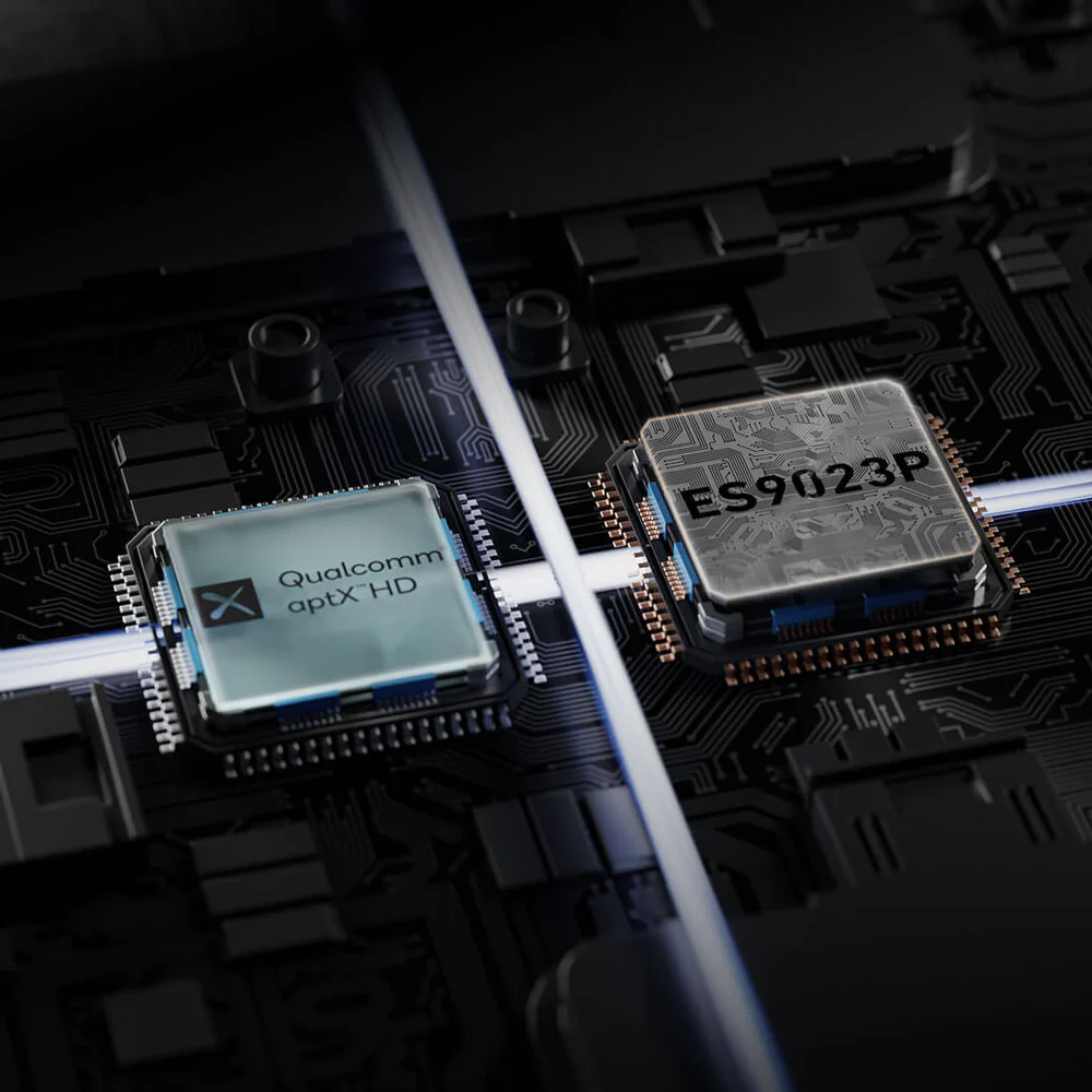 Detalle del DAC ESS9023 Sabre y chip Qualcomm QCC3040