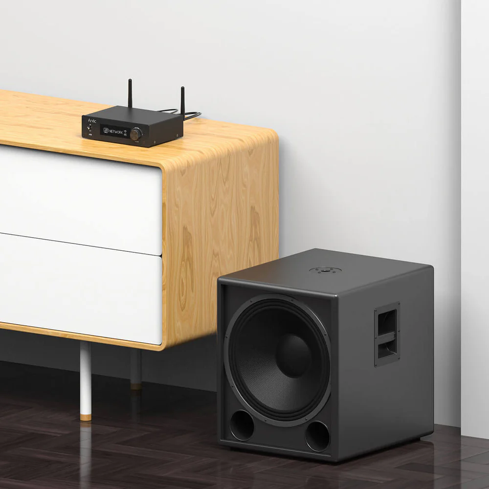 Amplificador H50 junto a un subwoofer activo, representando un sistema 2.1